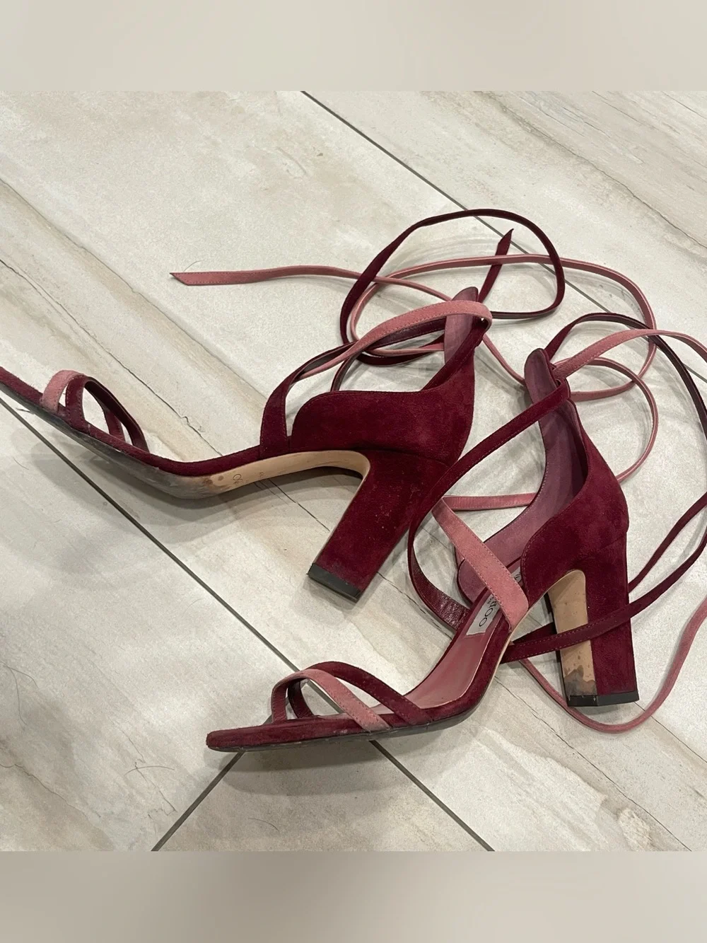 Jimmy Choo Flynn, orchid pink and burgundy suede wrap heels 37.5 7 7.5